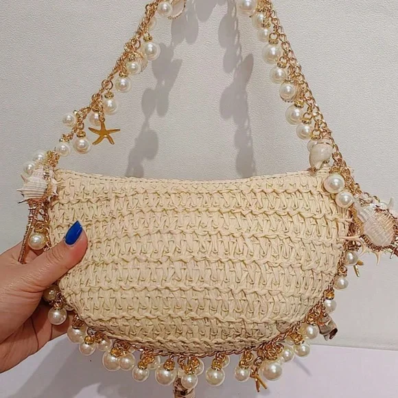 🆕 Straw Seashells and Pearls Shoulder Handbag - Picture 2 of 8
